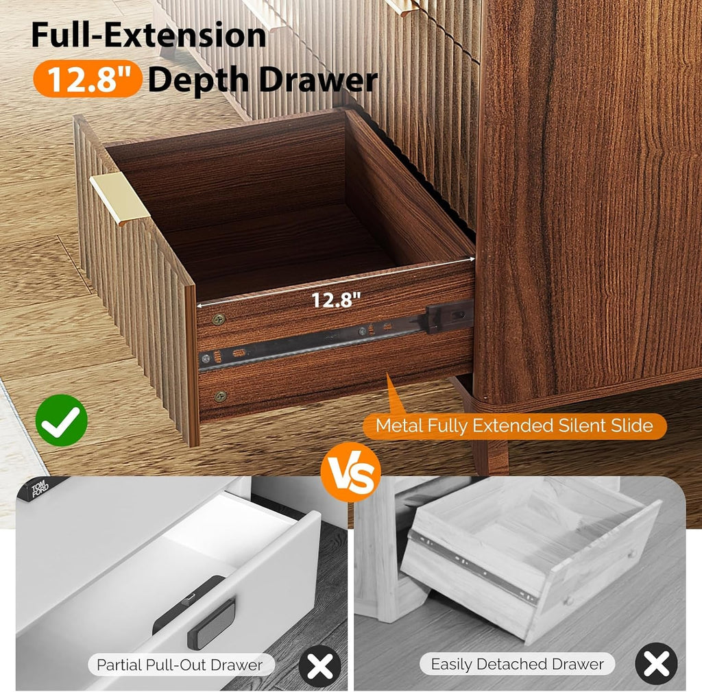 Walnut 57 Inch Fluted Dresser Featuring Metal Handles