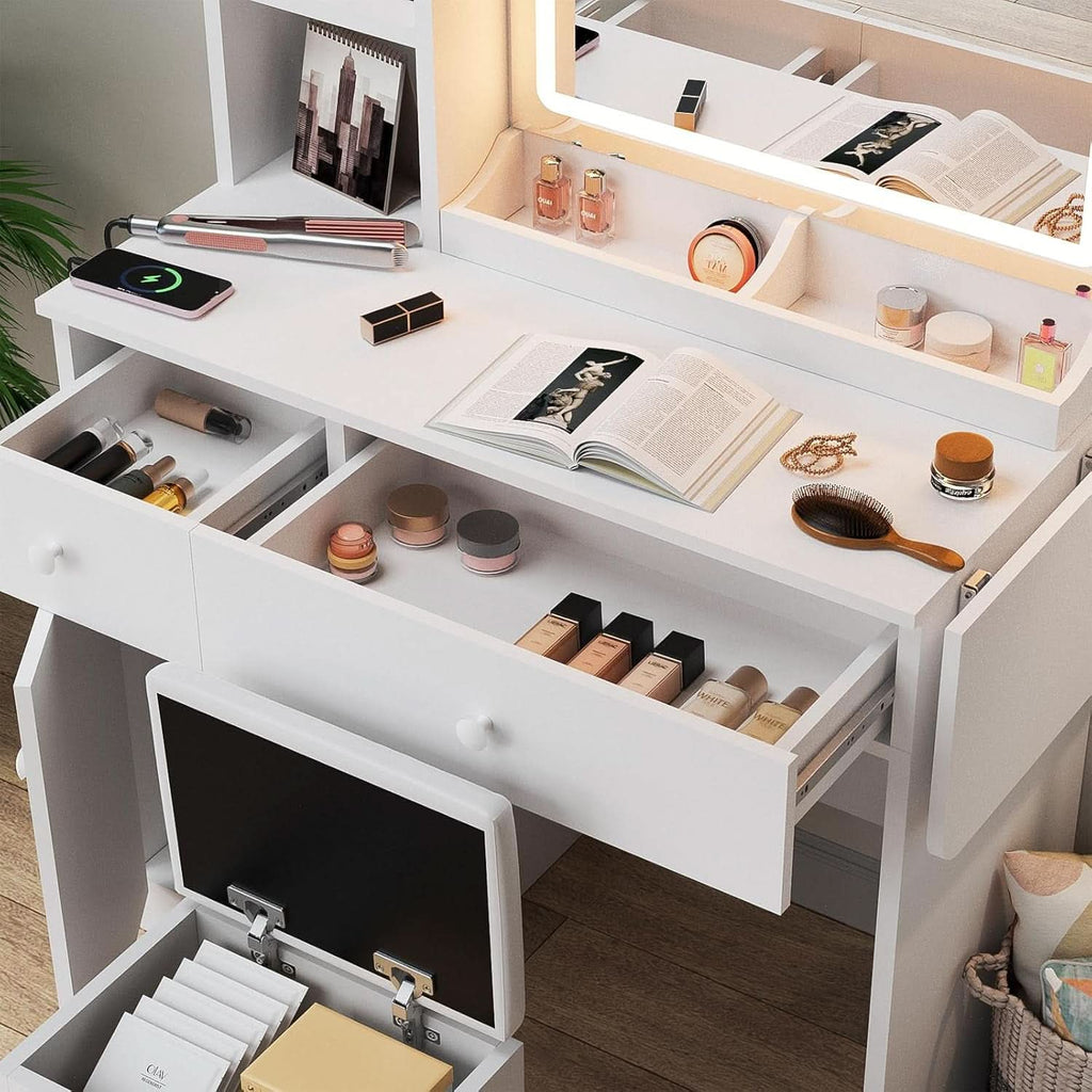 White Vanity Desk With Integrated Illumination Mirror-2