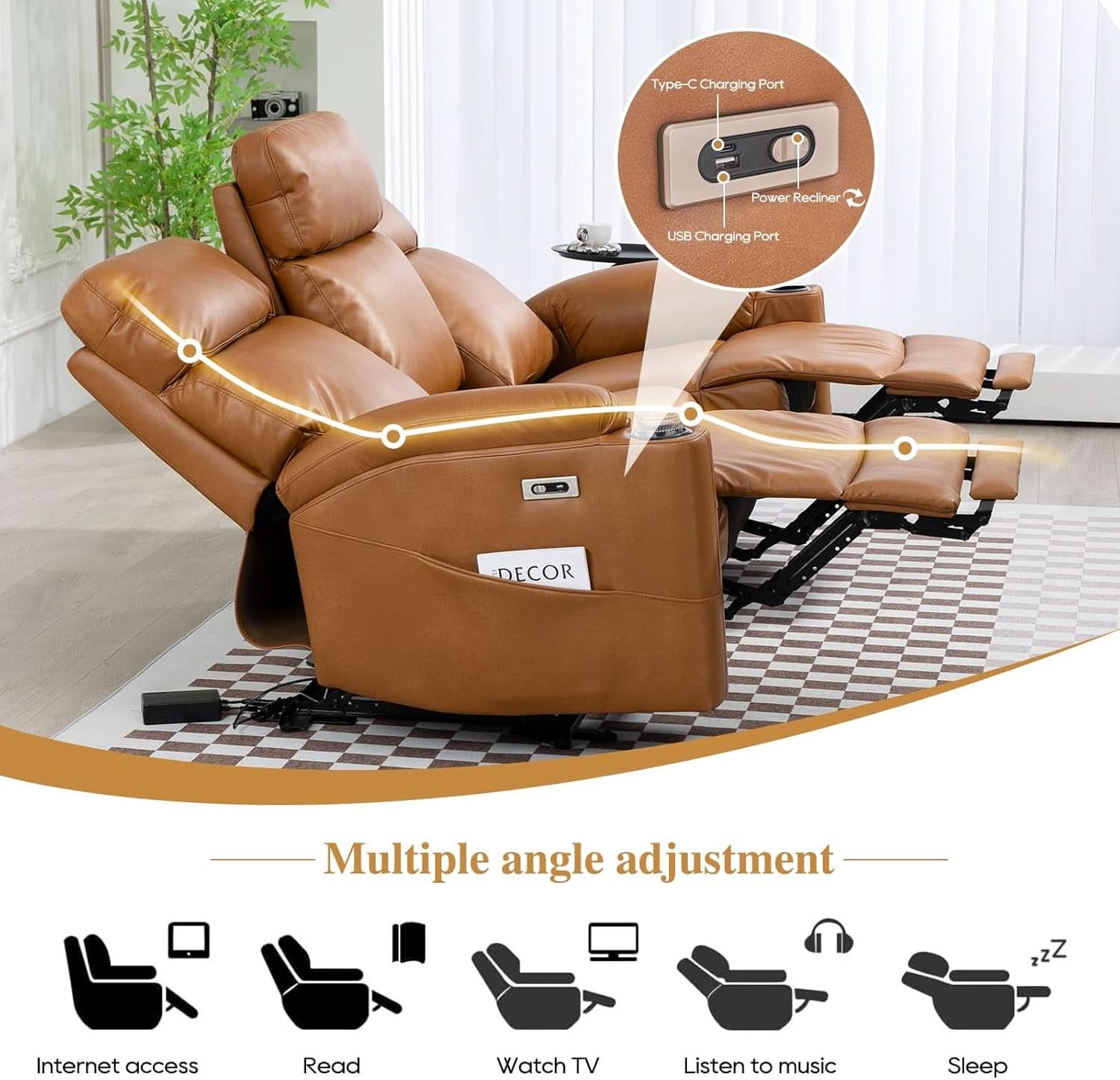Power Reclining Sofa Brown PU Leather Independent Backrests-2