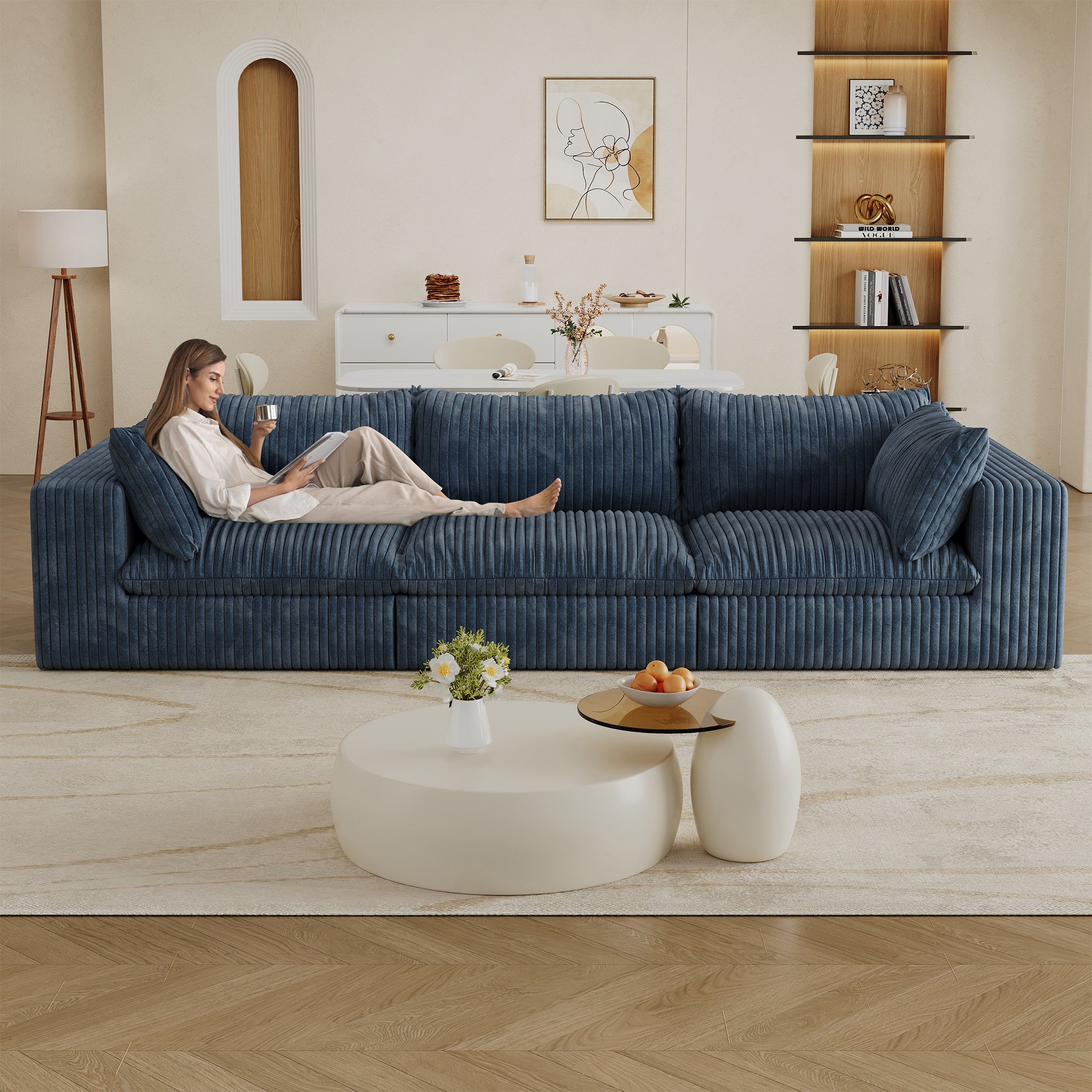 118.2' Cloud Sofa,Corduroy Fabric,Deep Seat Couches,Double-layer design,Removable  Cushion,No Assembly, DIY Combination for Living room, Bedroom,Conference room ,Apartment,Blue