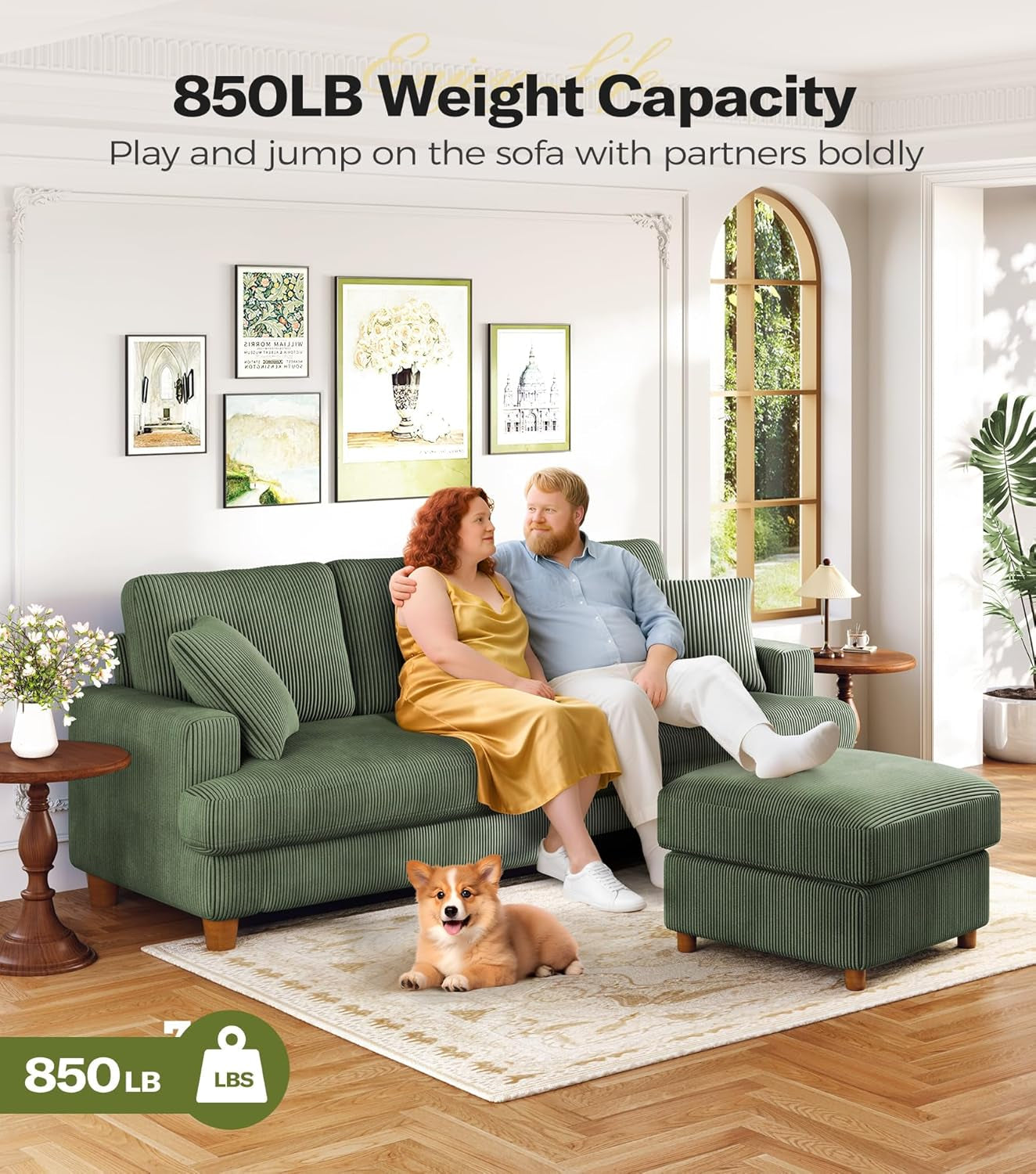 Corduroy Sofa Eighty SevenInch Deep Seat Green Living Room Comfort-4