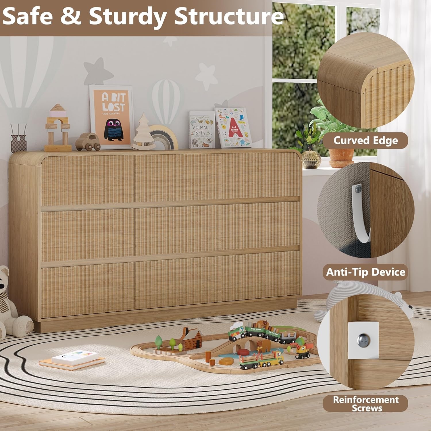 Walnut Finish Fluted Dresser With Space Saving Concealed Knobs