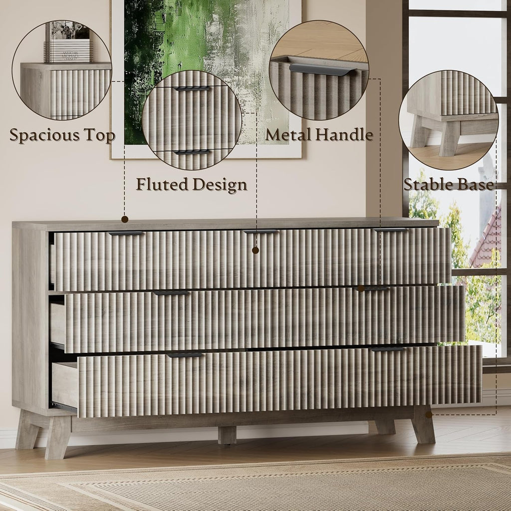 Fifty Seven Inch Fluted Seven Drawer Solid Wood Dresser-4