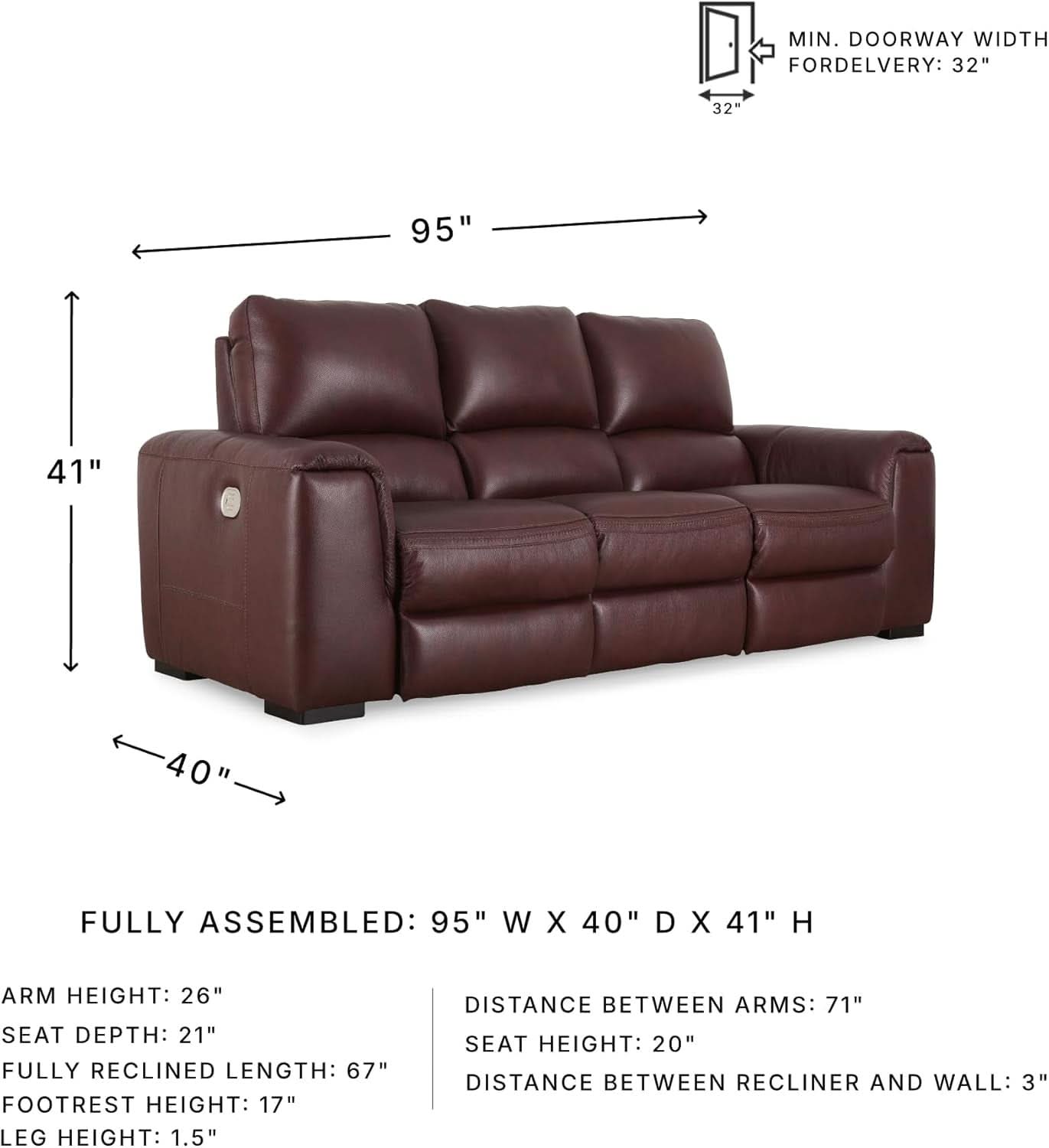 Garnet Leather Power Recliner Sofa Adjustable Headrest-2