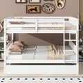 Full Over Full Rubber Wood Bunk Bed with Trundle, Ladder and Guardrails, Convertible to 2 Full Size Beds, with Twin Size Trundle,White