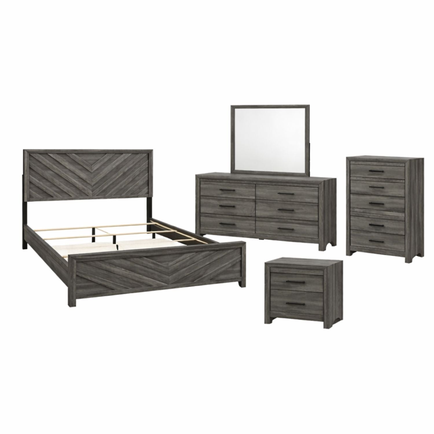 DENVER Modern Twin 5-Piece Bedroom Set in Gray Finish with Bed, Dresser, Mirror, Nightstand and Chest, Contemporary Storage Furniture Set