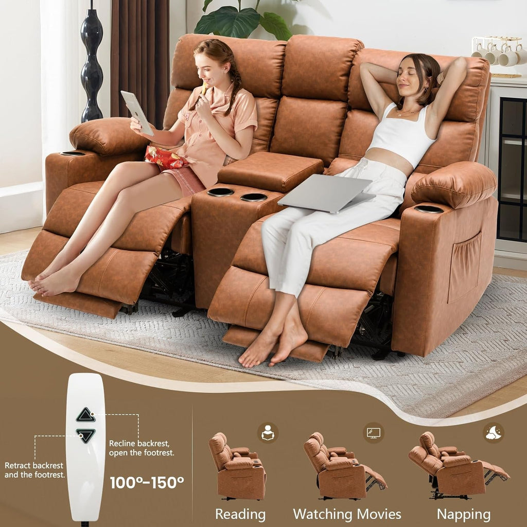 Power Recliner Loveseat With Console Yellowish Brown-3