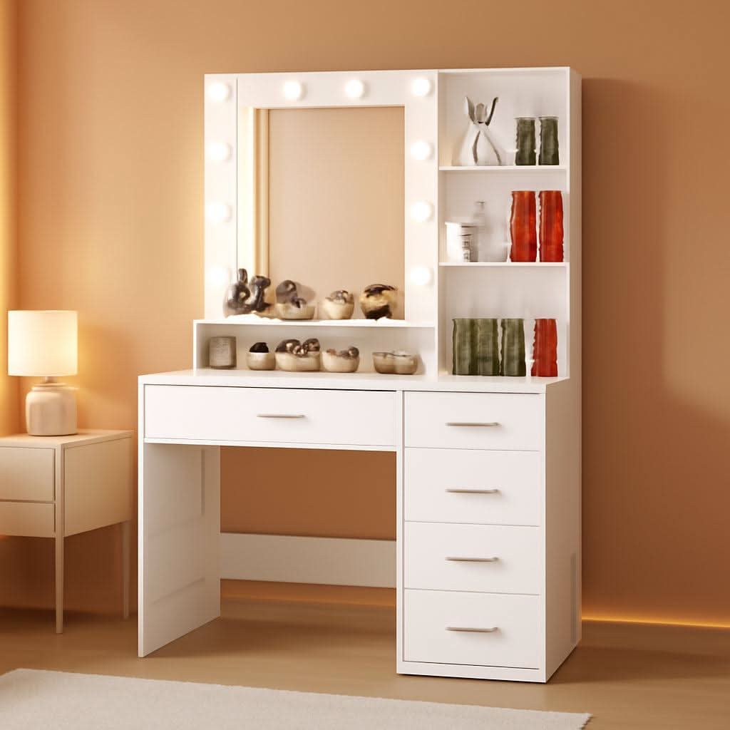 White Mirrored Vanity Desk With Illuminated Lights-0