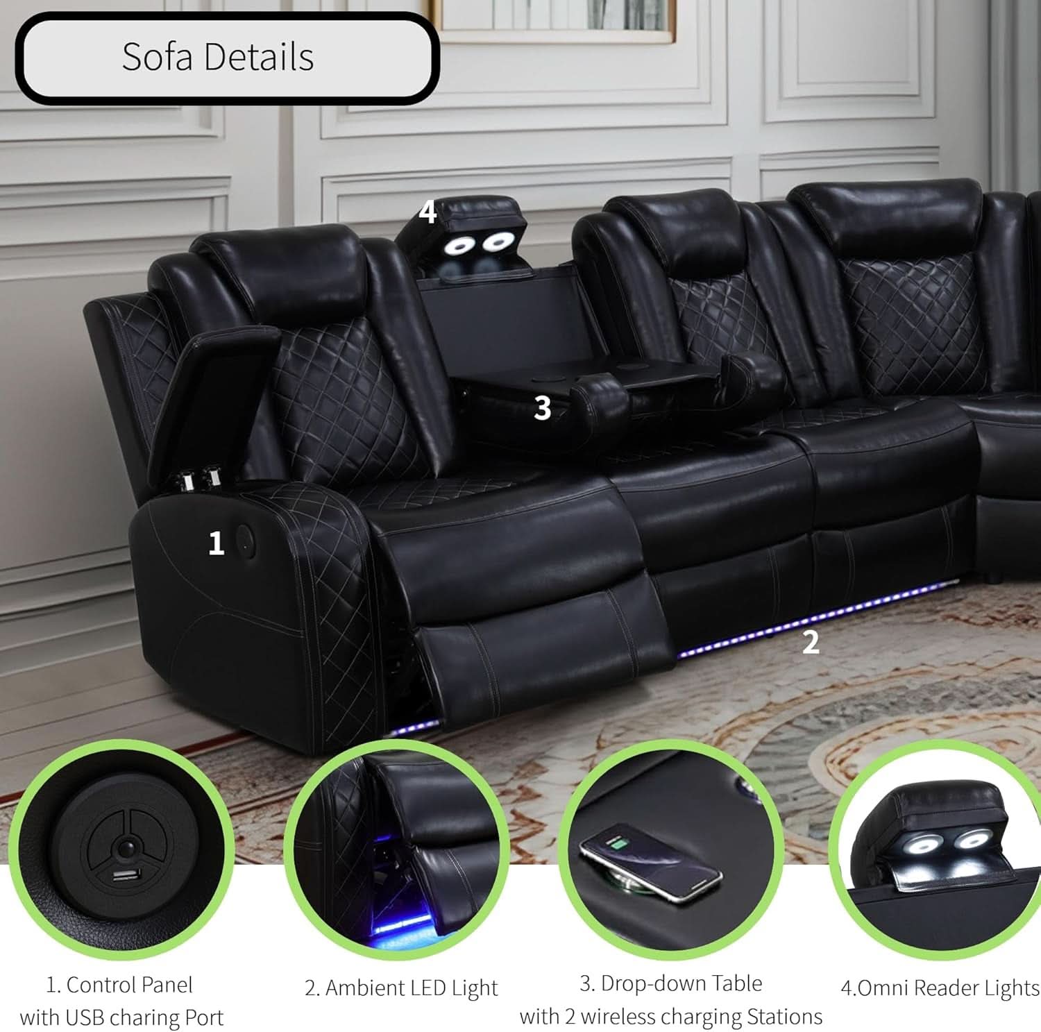 Power Recliner Sectional Sofa Black With LED Lights-2