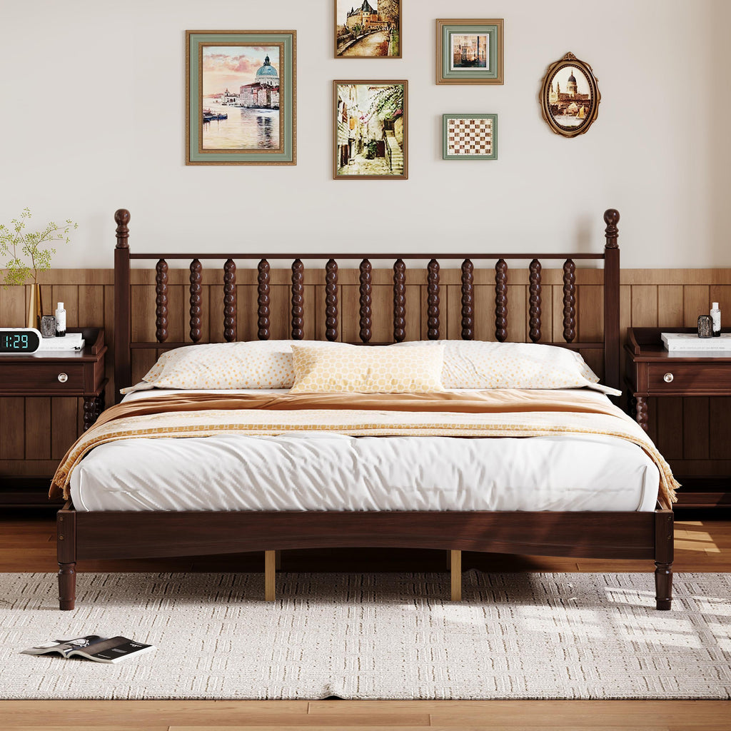 King Size Wood Platform Bed with Gourd Shaped Headboard,Retro Style Platform Bed with Wooden Slat Support,Walnut