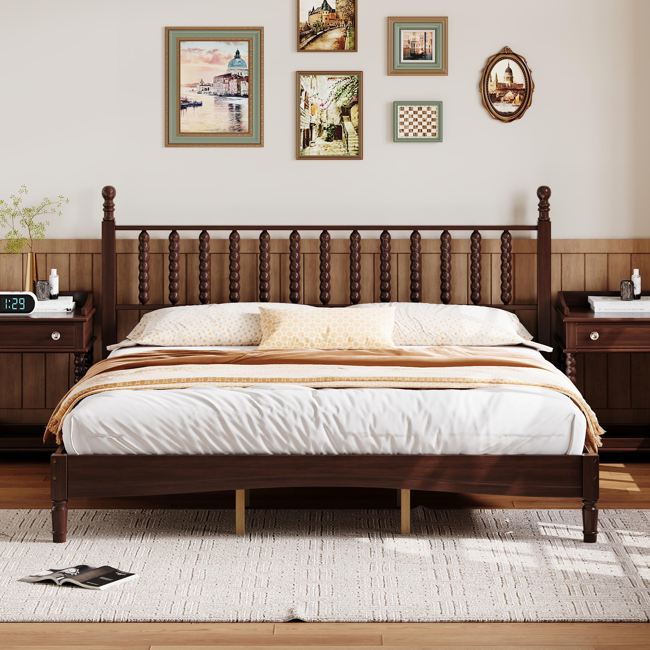 King Size Wood Platform Bed with Gourd Shaped Headboard,Retro Style Platform Bed with Wooden Slat Support,Walnut