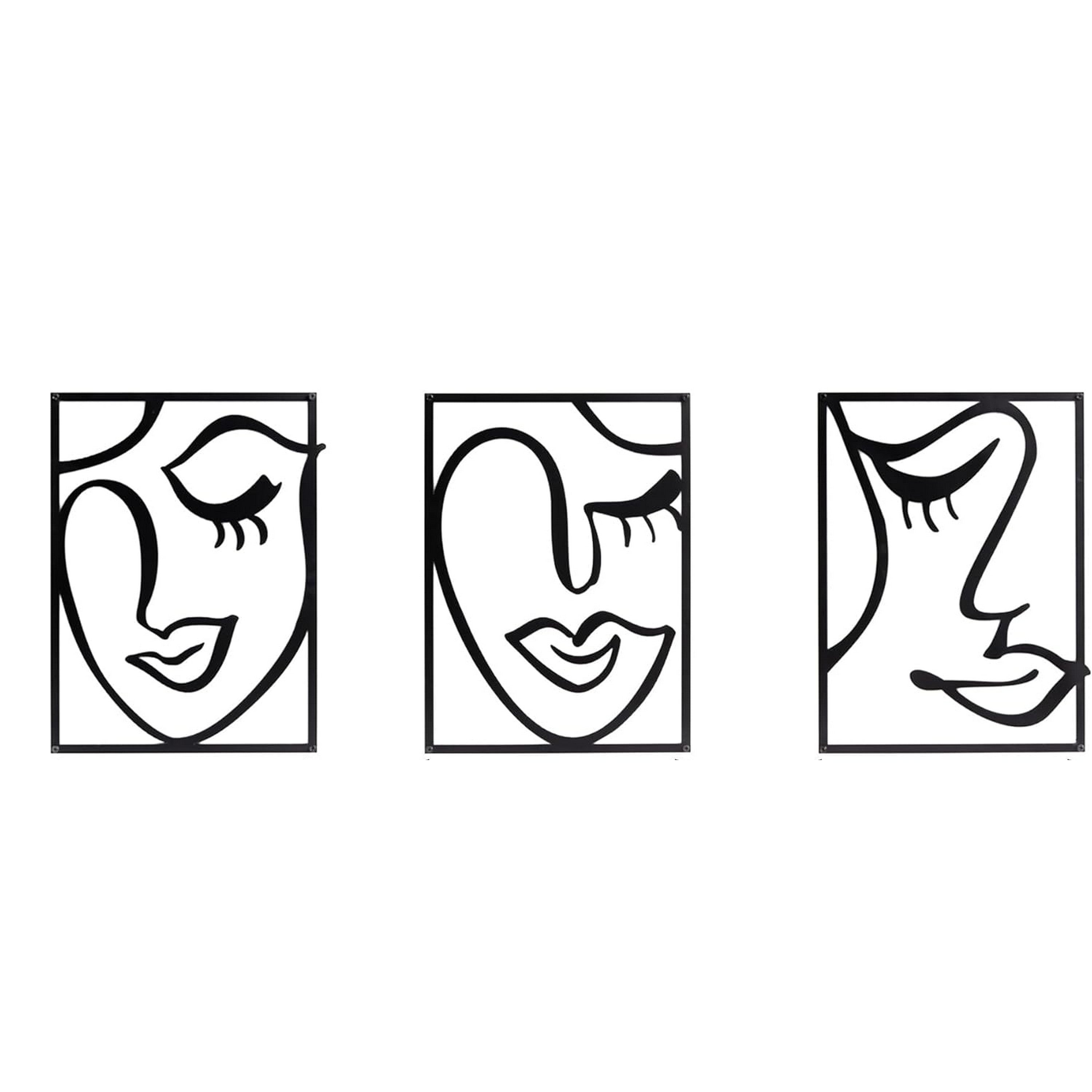 Cinq 3 Piece Set Wall Decor, Face Line Drawing Abstract Design, Black Rectangular Metal Frame