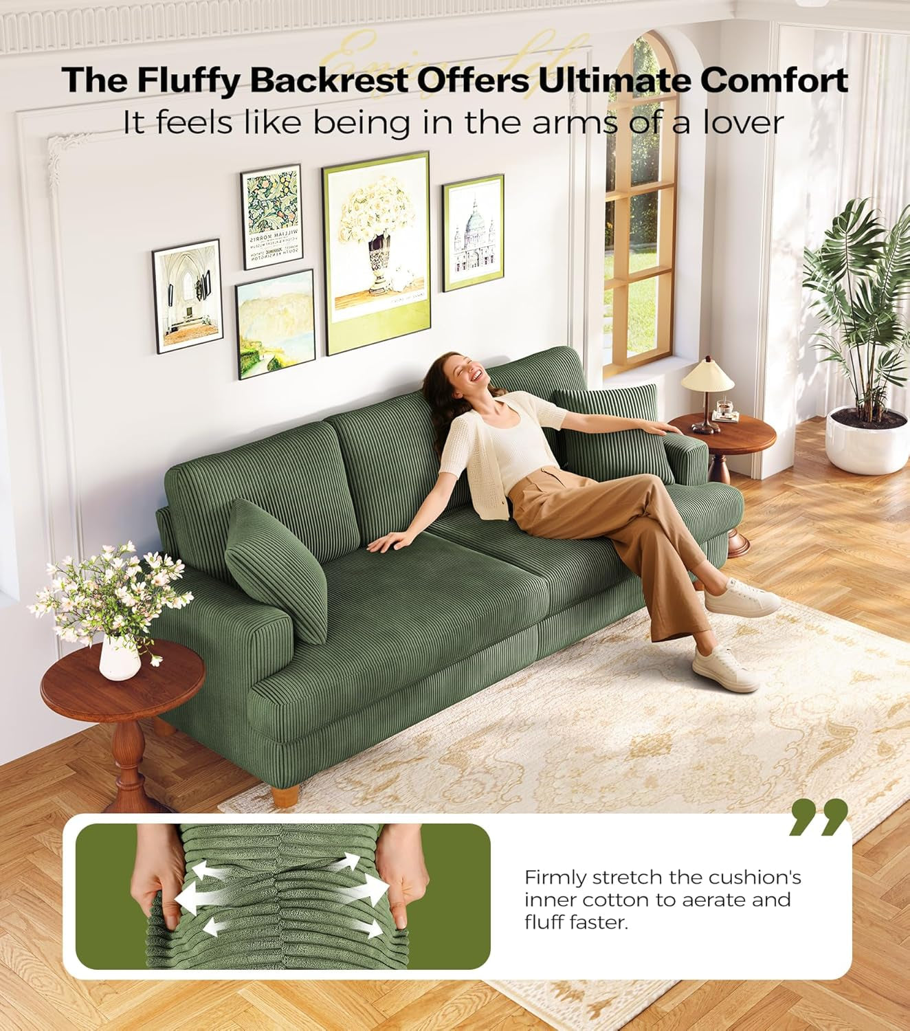 Corduroy Sofa Eighty SevenInch Deep Seat Green Living Room Comfort-2