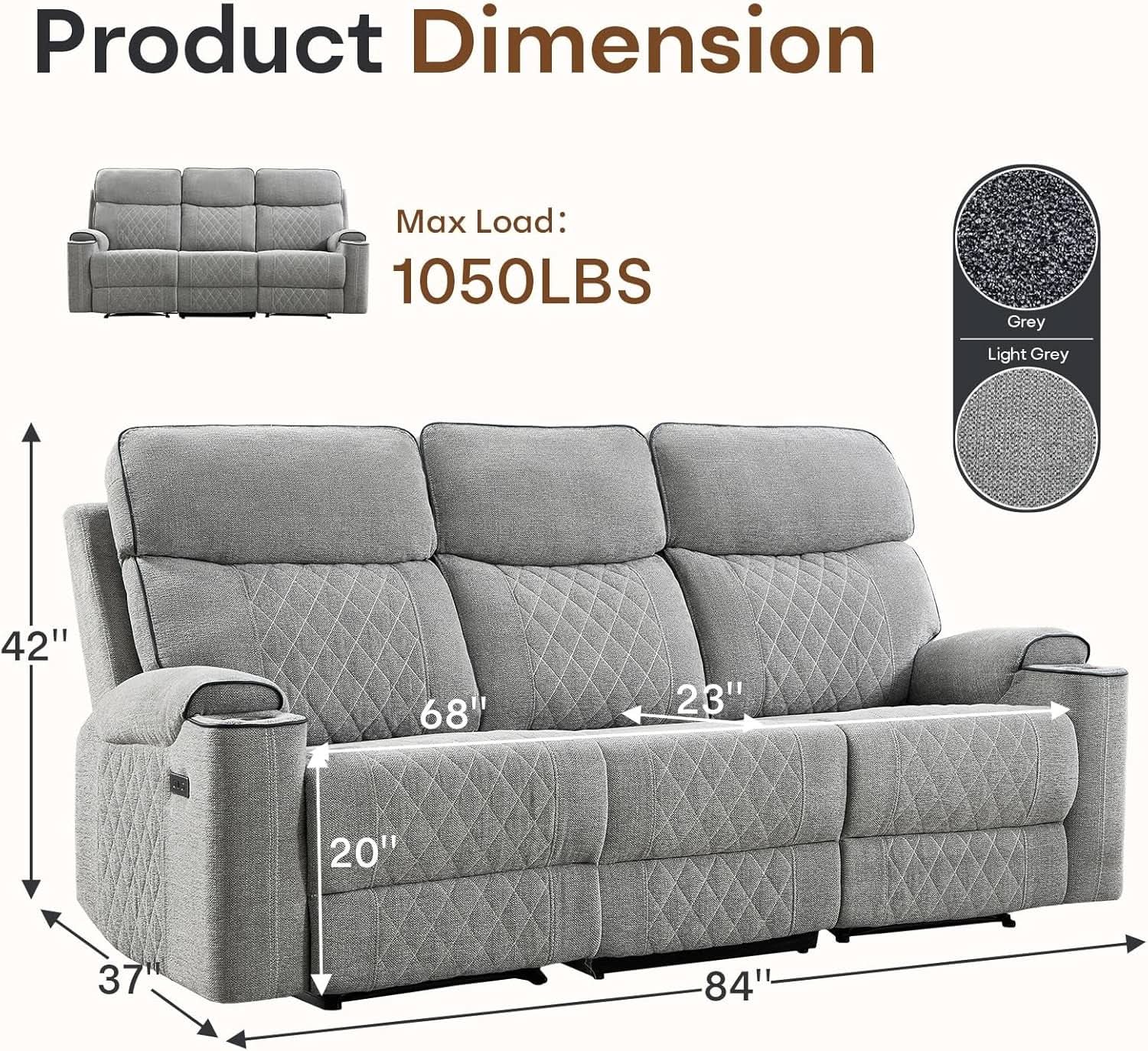 Electric Recliner Sofa USB Type C Ports Light Grey-1
