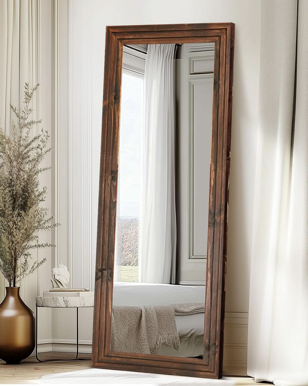 65Inch Full Length Floor Mirror Brown Solid Wood Frame-4