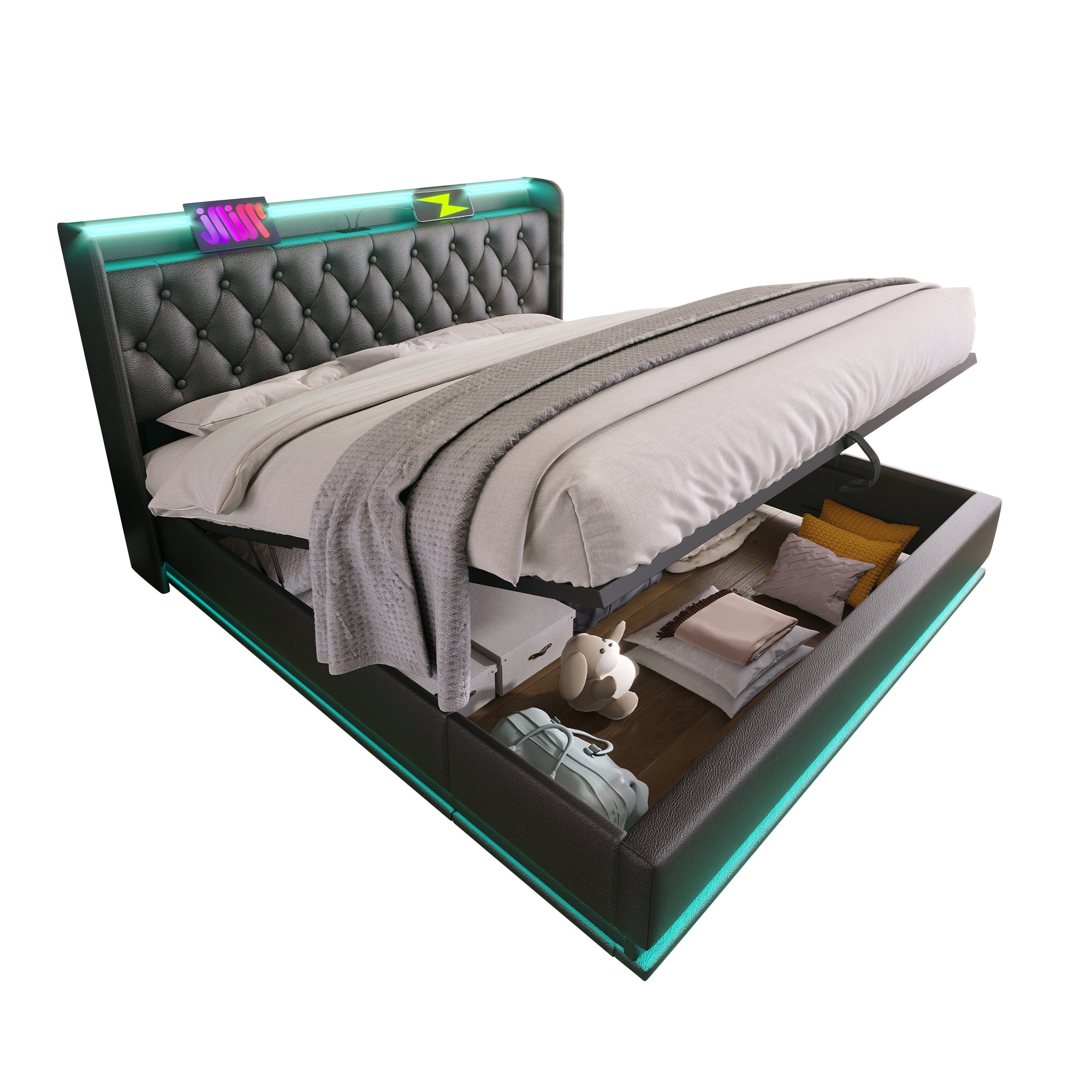 Full size Upholstered bed, 360 surround LED function, Buttons/Apps/Remote Control, hydraulic storage bed with USB Type-C charging, Black, PU (Without mattress)
