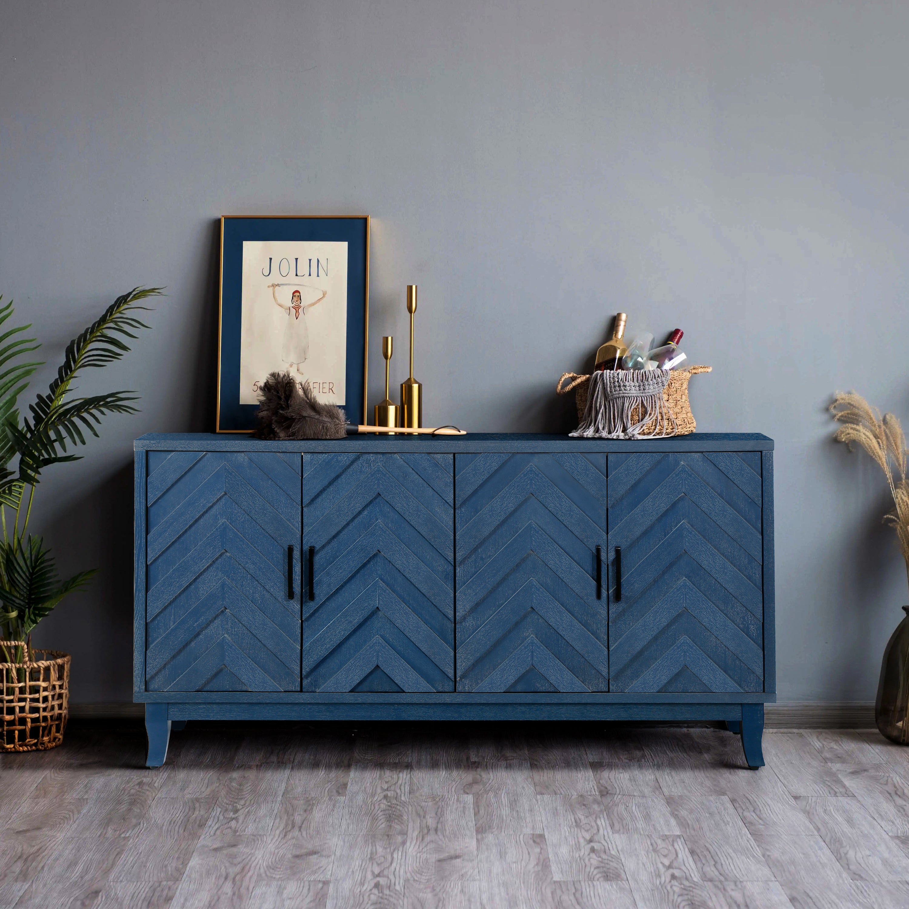 Retroy Vintage 4-Door Credenza Cabinet - 60' Navy Blue Storage Buffet with M-Shaped Panel Doors, Solid Wood Base for Dining Room & Living Room