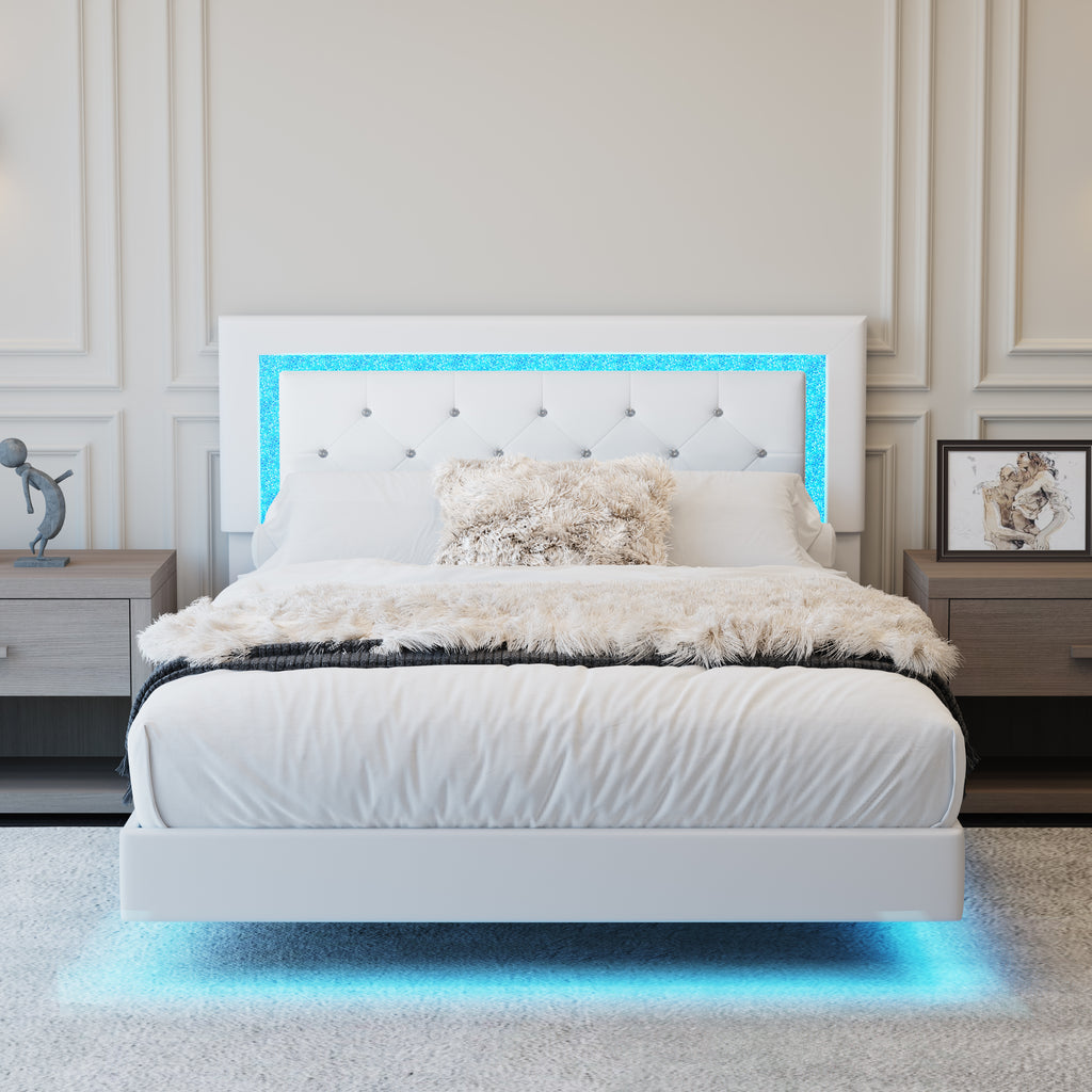 Full Size Bed Frame with Headboard, Floating Bed Frame with LED Lights, Upholstered Platform Bed with Diamond Tufted Headboard, No Box Spring Required, Beige