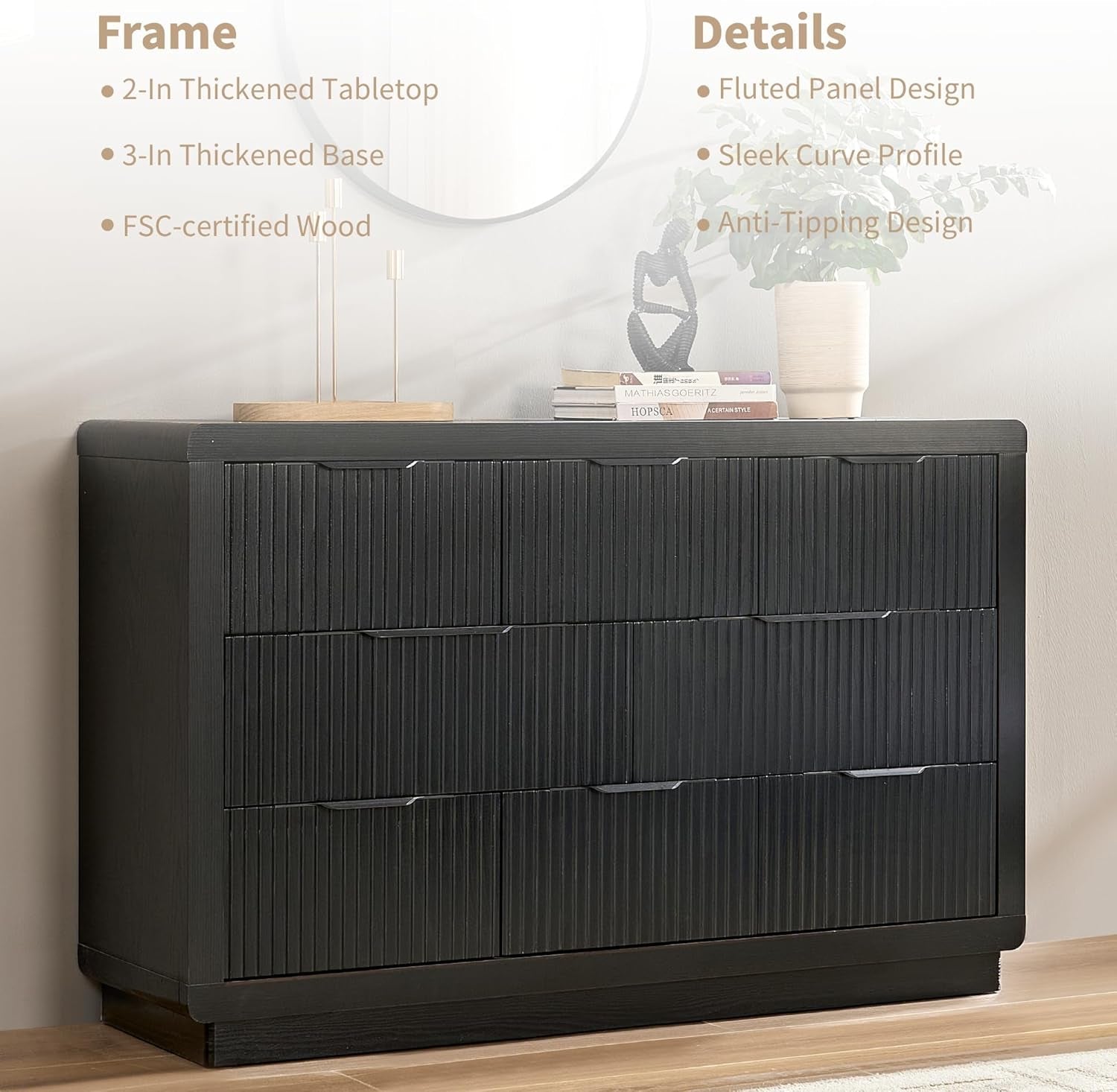 Charcoal Textured Fifty two Inch Eight Drawer Dresser