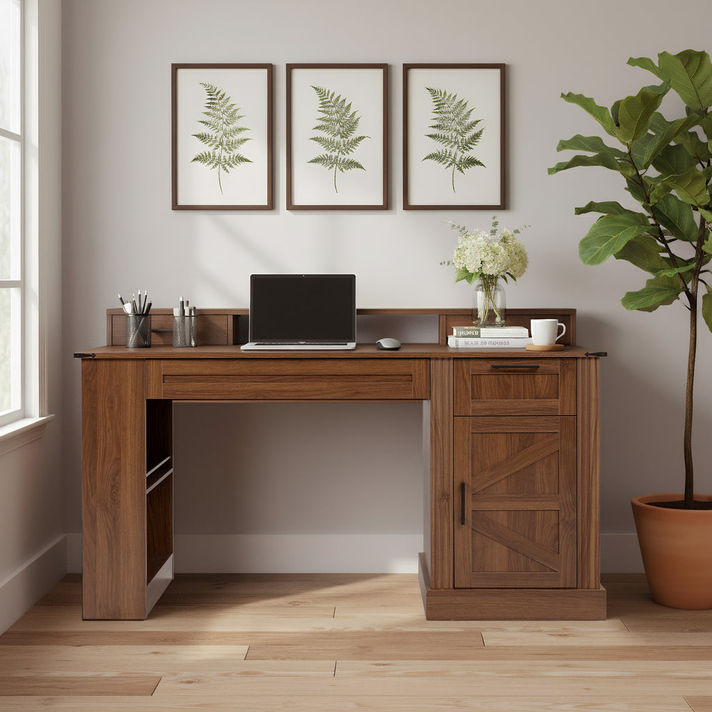 55' Farmhouse Office Desk with Storage Cabinet & Charging Station, Barn Door Design Computer Writing Desk with Keyboard Tray, Monitor Stand & Pegboard for Study, Living Room, Home Office, Dark Walnut