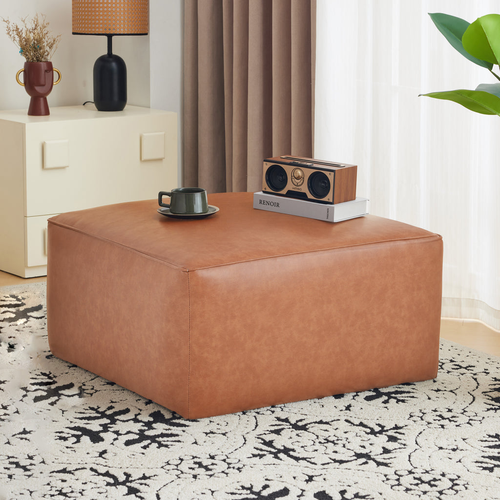 Upholstered Square PU Leather Ottoman,Tan Brown (old sku N757P180768T)