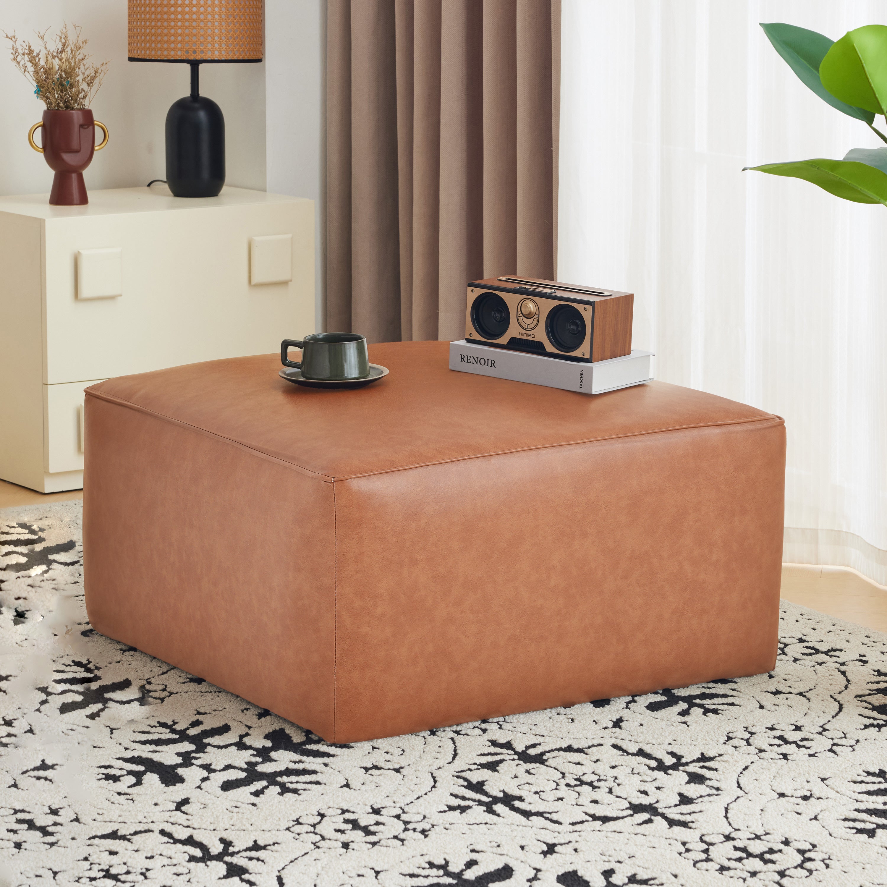 Upholstered Square PU Leather Ottoman,Tan Brown (old sku N757P180768T)