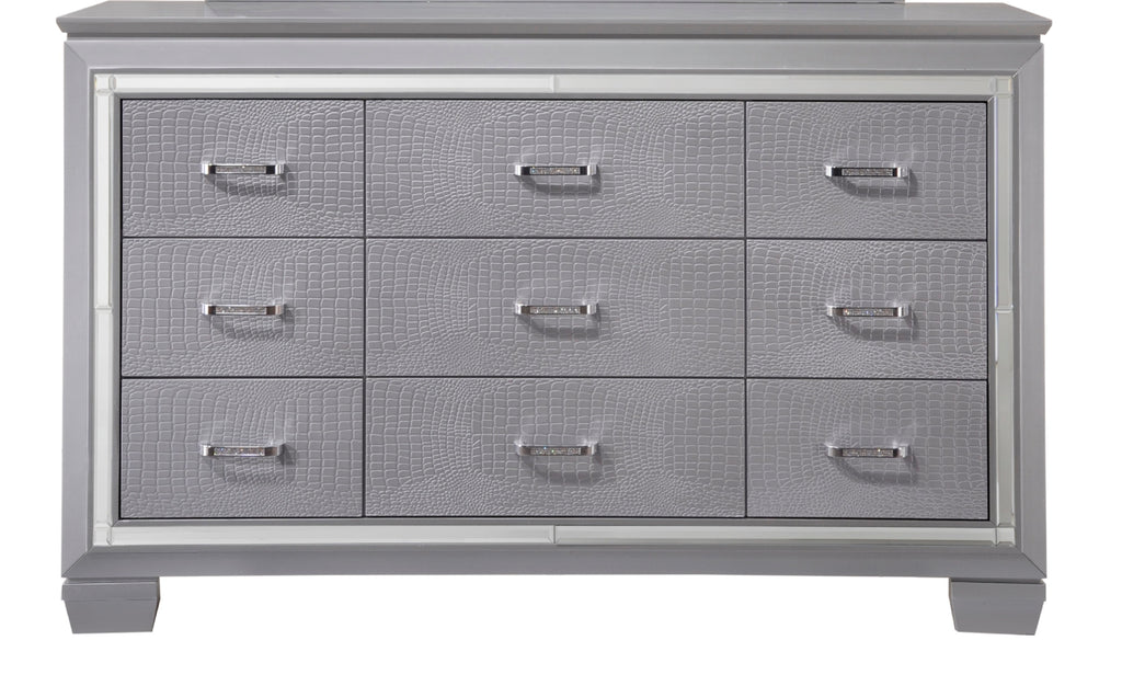 1pc Modern Nine Drawer Dresser Mirror Accents Chrome Finish Hardware Faux Crystal Accent Silver Finish