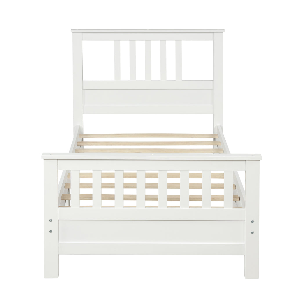 White Pine Wood Platform Bed with Paneled Headboard and Footboard, Twin Size, Solid Wood Frame with 10 Slats