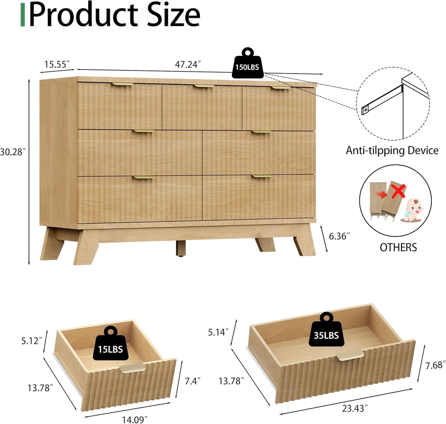Natural Oak Fluted Textured Dresser 48 Inch Width Measurement