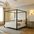 Modern Black Metal Canopy Bed with Plush White Bouclé Upholstery, King