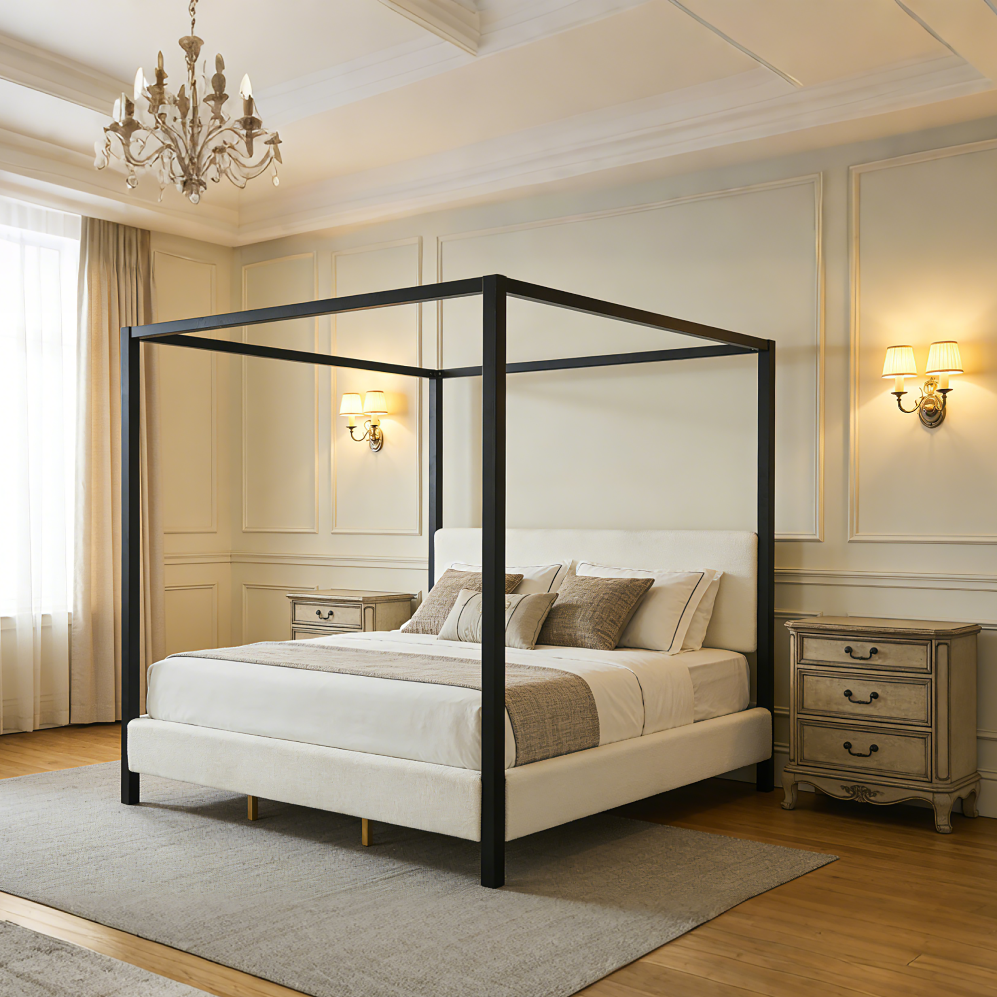 Modern Black Metal Canopy Bed with Plush White Bouclé Upholstery, King