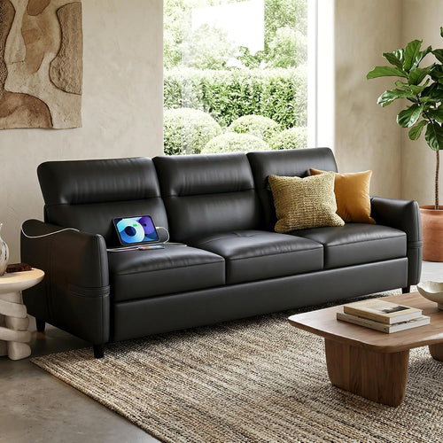 85Inch Black Faux Leather Executive Sofa USB Charging Ports-0