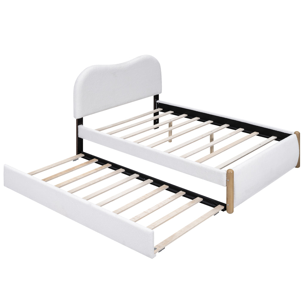 Contemporary Full Size Upholstered Platform Bed with Wood Supporting Feet and Twin Size Trundle, White Berber Fleece
