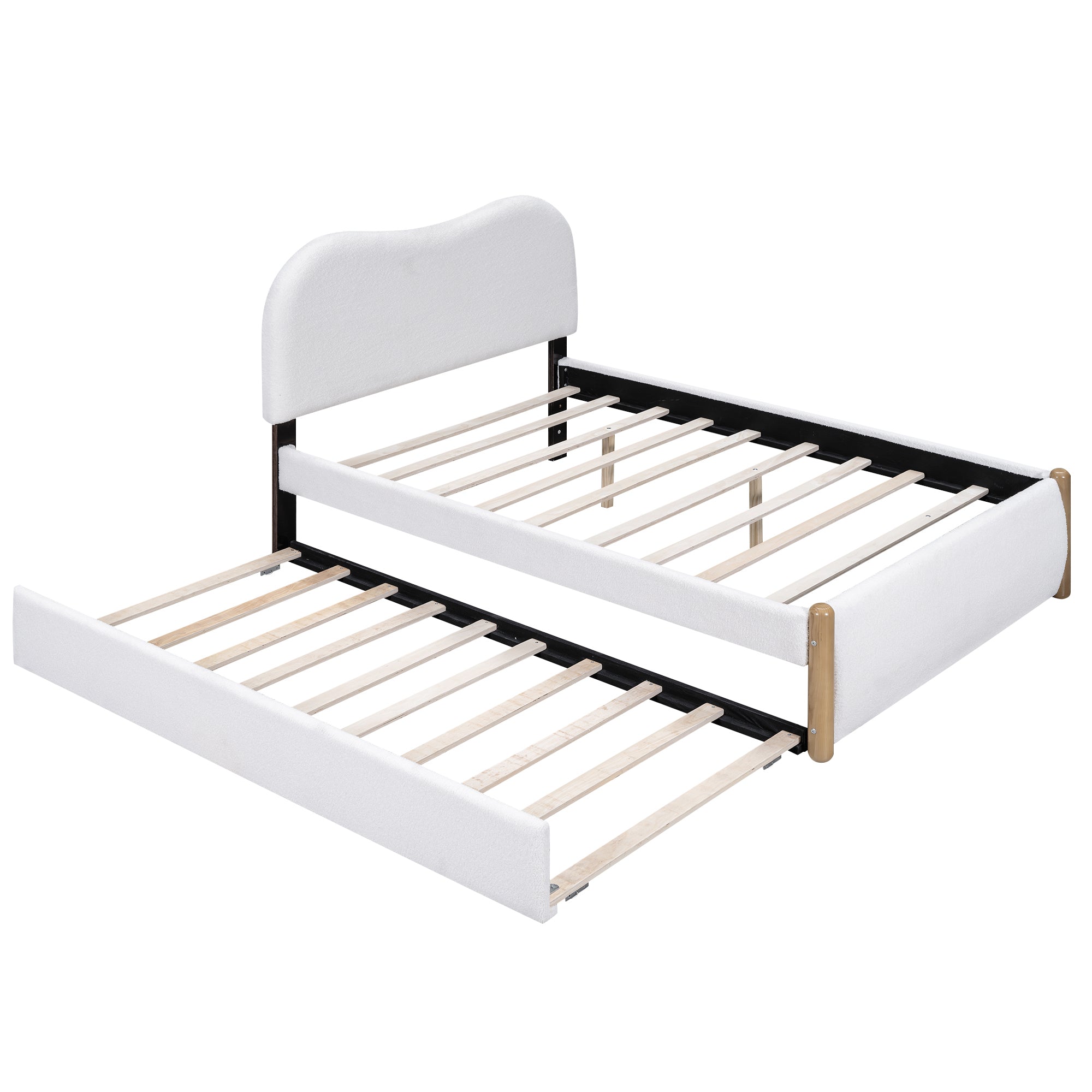 Contemporary Full Size Upholstered Platform Bed with Wood Supporting Feet and Twin Size Trundle, White Berber Fleece