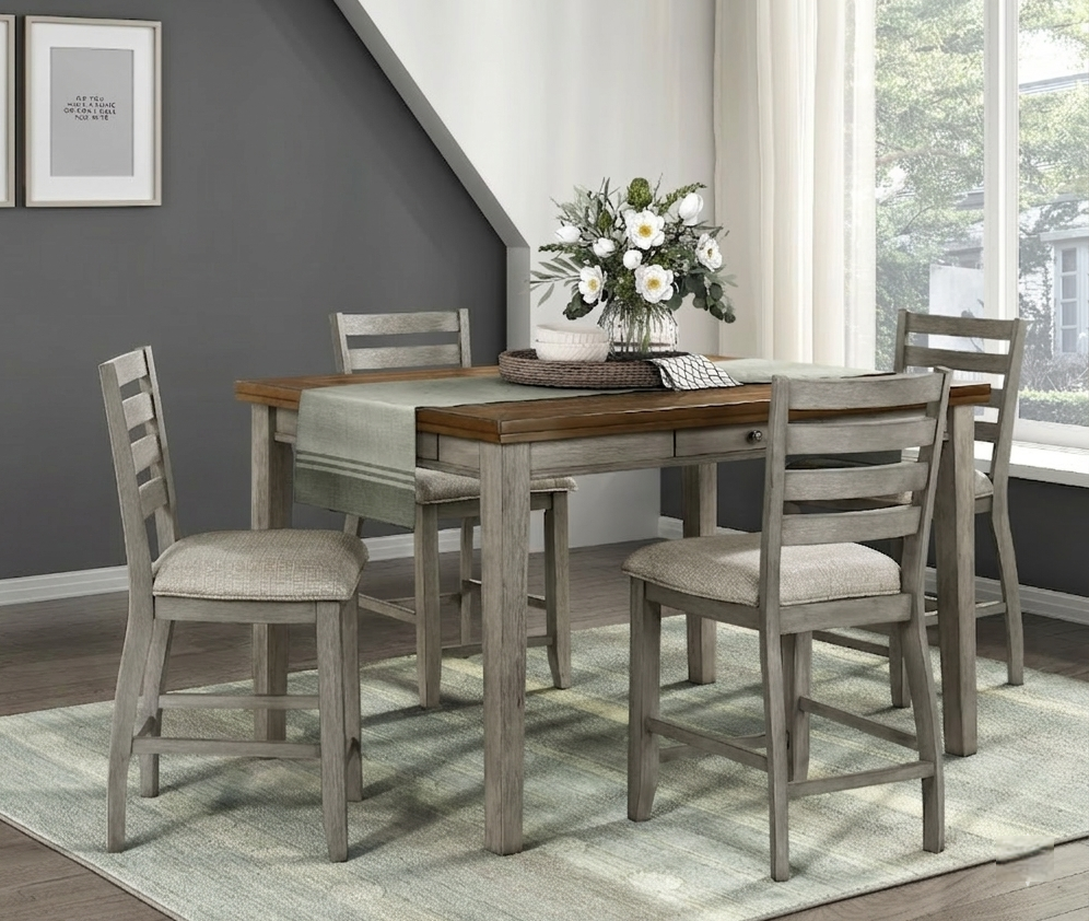 5pc Traditional Counter Height Dining Set Drawers Storage Table and Chairs Set Two-Tone Finish Gray Cherry Kitchen Furniture