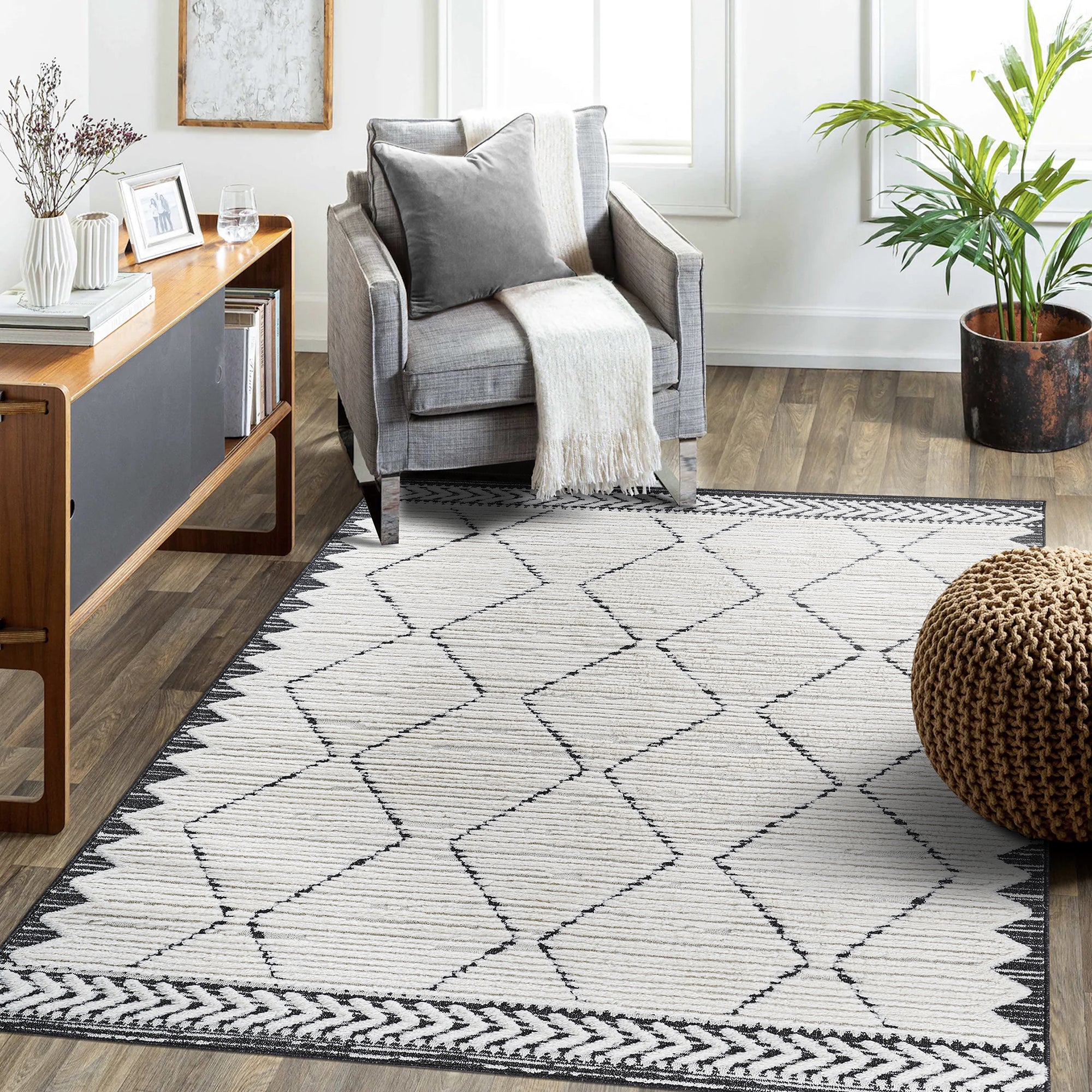 Step Collection High-Low Trellis Cream/Anthracite Indoor Area Rug, 5'3''x7'6'', Modern, Contemporary, Geometric, Bohemian, Bedroom, Kitchen, Living Room, Non Shedding Carpet