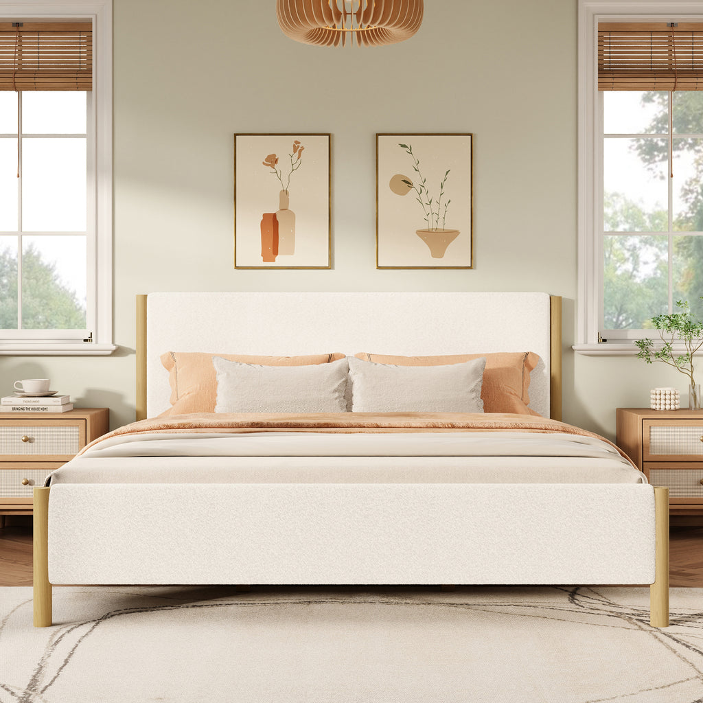 Modern White Boucle Upholstered Bed with Rubberwood Legs, KING, White