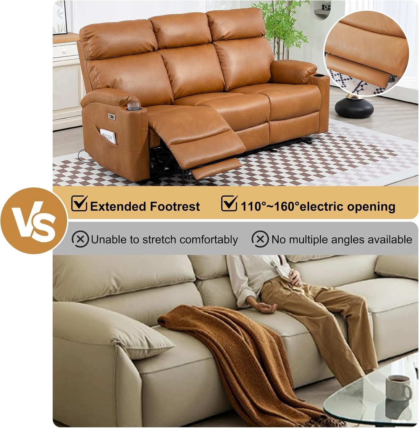 Power Reclining Sofa Brown PU Leather Independent Backrests-4