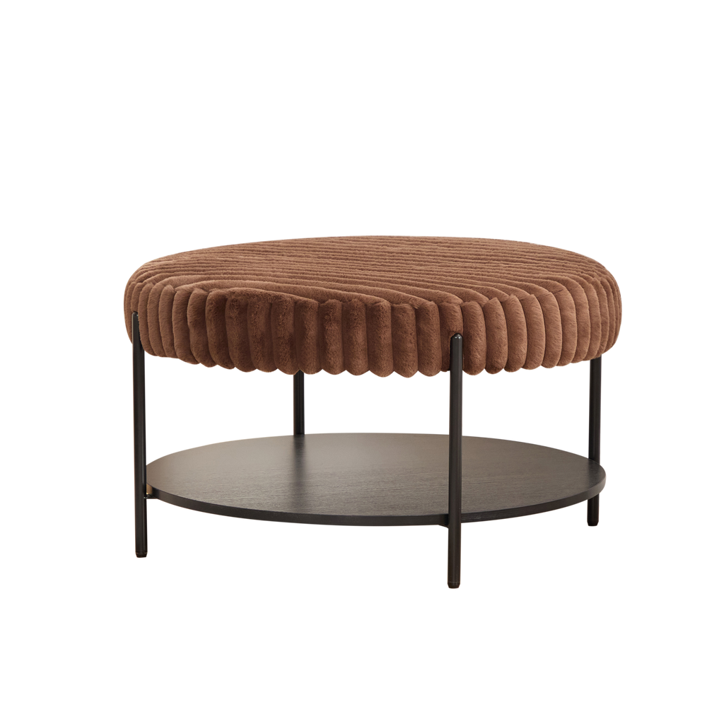 Upholstered Round Ottoman Coffee Table Foot Rest with Black Metal Legs, Brown Faux Fur, 30.9'
