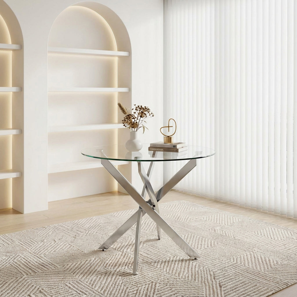 Round Dining Table, 35.5' Glass Dining Table with Silver Legs, Modern Kitchen Table for Home Kitchen, Dining Room