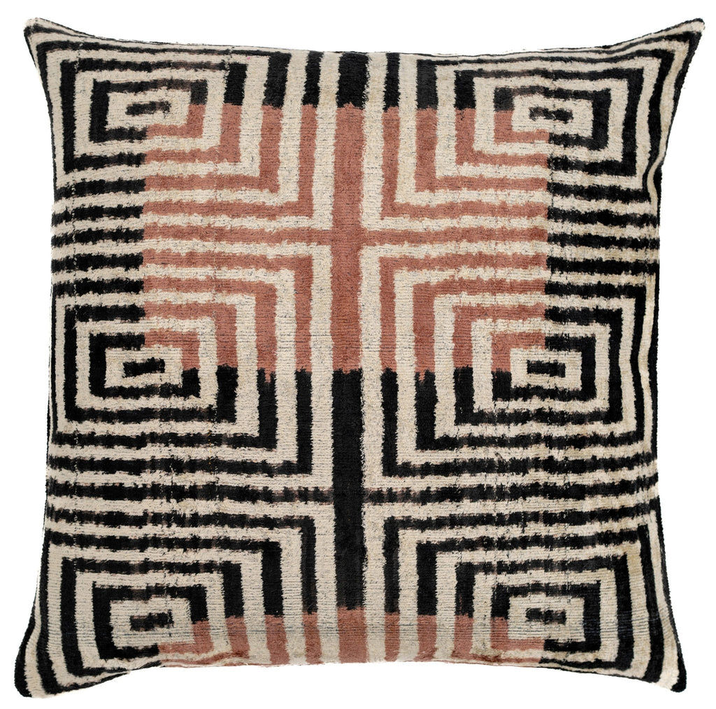 Canvello Handmade Silk Velvet Throw Pillow with Down Feather Insert – Maze Pattern in Black, Grey, and Terracotta - 22"X22"