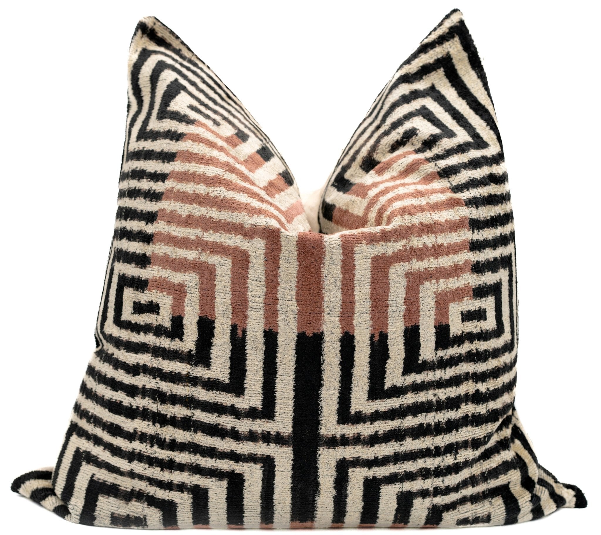 Canvello Handmade Silk Velvet Throw Pillow with Down Feather Insert – Maze Pattern in Black, Grey, and Terracotta - 22"X22"