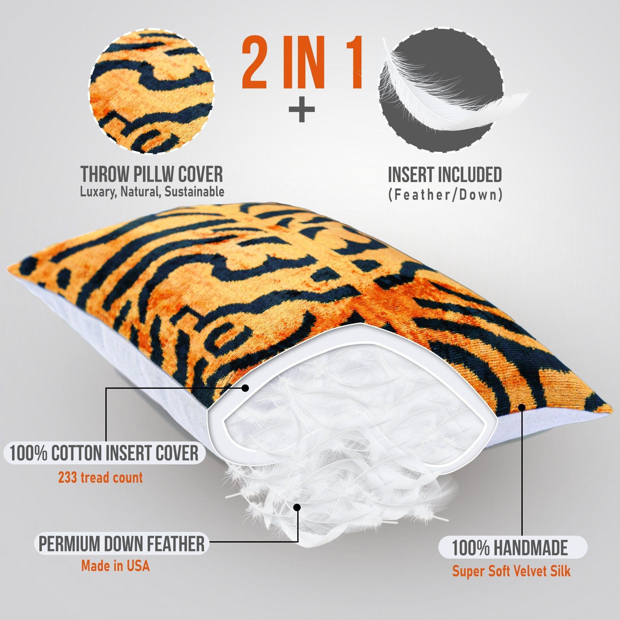 Canvello Handmade Tiger Print Velvet Throw Pillow with Down Insert - 16X24 in