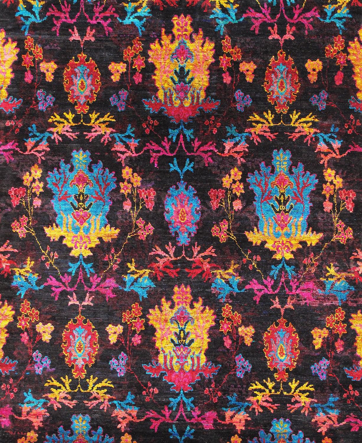 Canvello Modern Ikat Design Hand-Knotted Sari Silk Area Rug- 6'7" X 7'11"