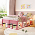 Full Size Wooden Platform Bed with Bookshelf, Display Cabinet, LED Light and Drawer, Pink+White