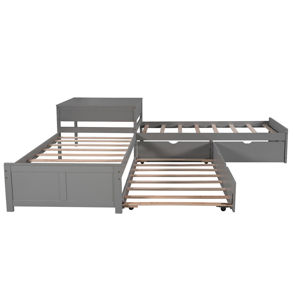 L-shaped Platform Bed with Trundle and Drawers Linked with Built-in Desk, Twin, Gray Pine Wood, 119.6''L x 119.6''W x 30''H
