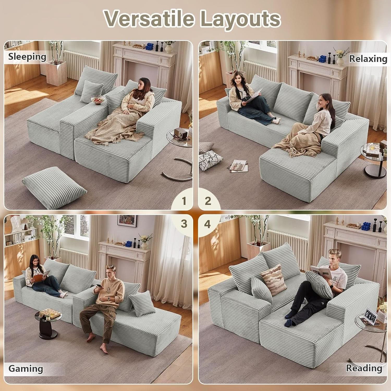 107 Inch Grey Corduroy L Shaped Modular Sleeper Sofa-3