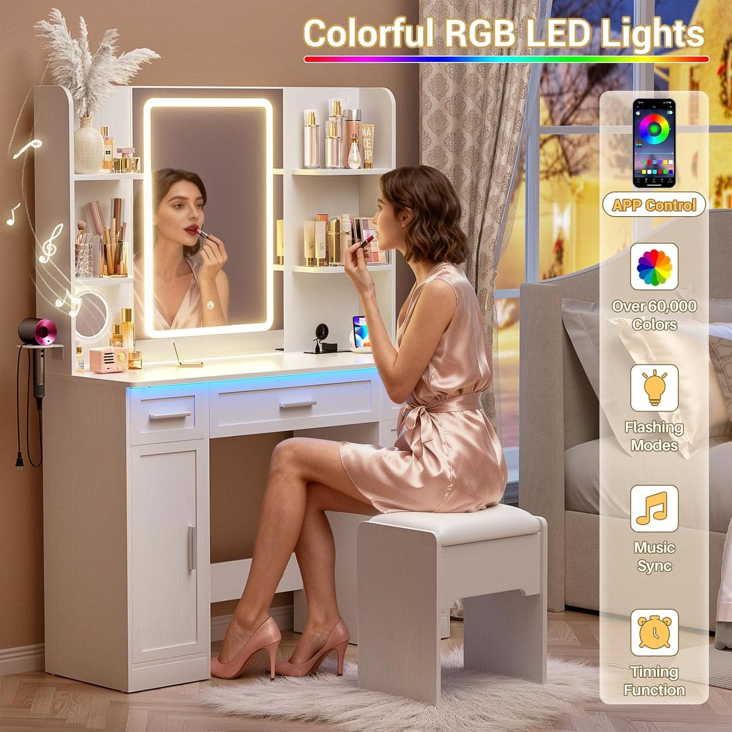 Vanity Desk 42 Inch ChromaticIllumination LED Mirror-4