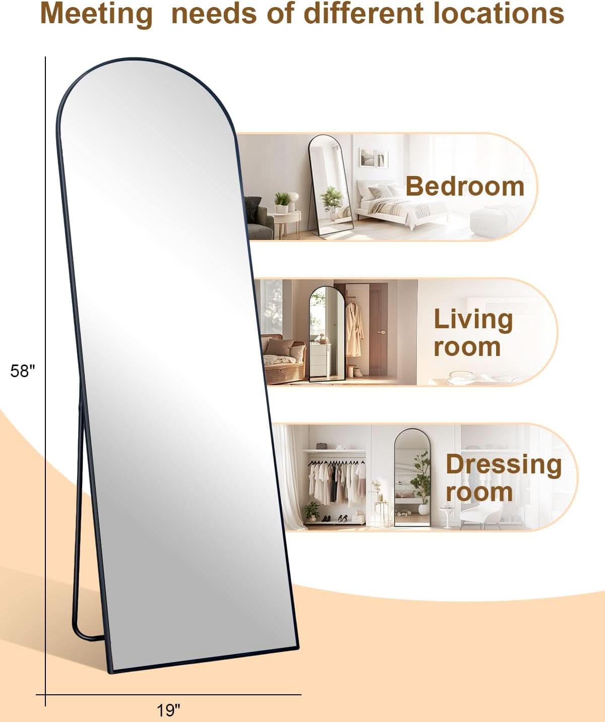 58x19 Inch Arched Floor Standing Full Length Mirror Black-4