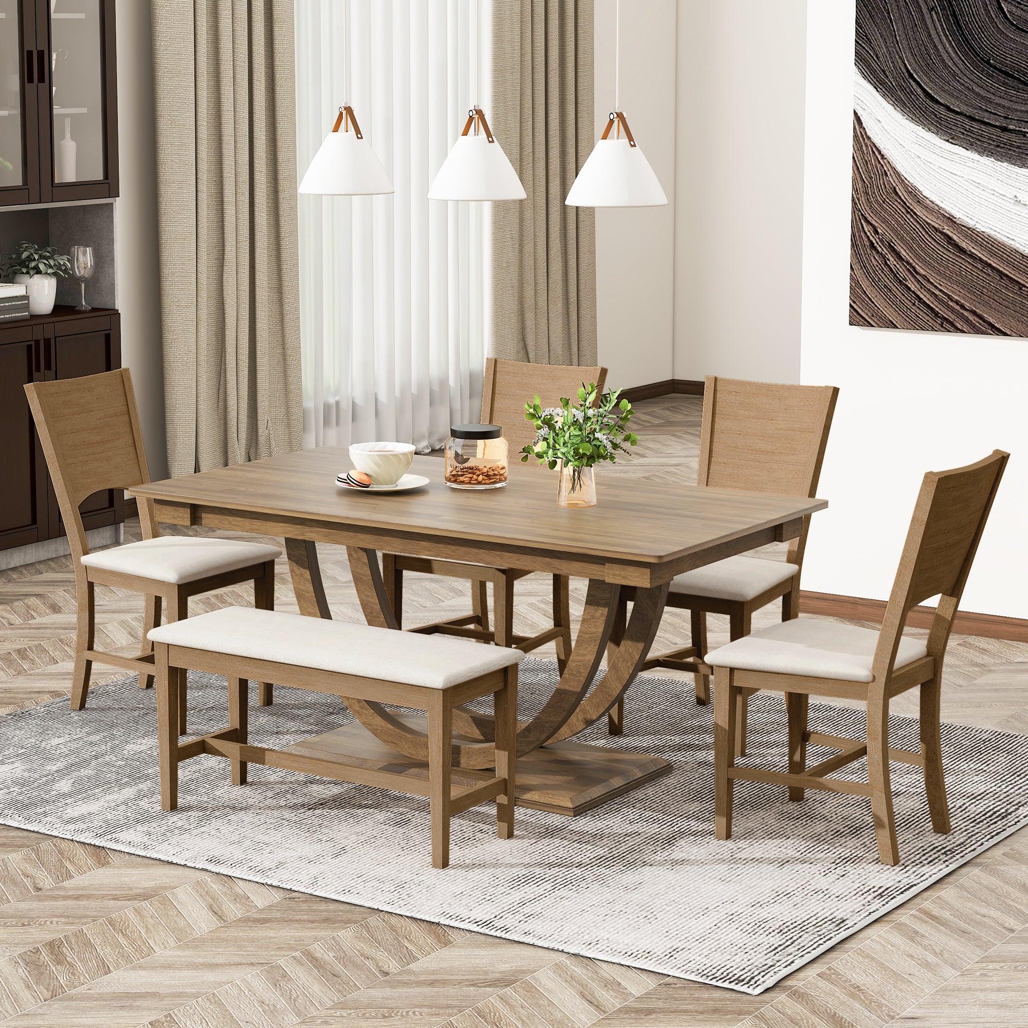 TOPMAX 6-Piece Wood Half Round Dining Table Set Kitchen Table Set with Long Bench and 4 Dining Chairs, Modern Style, Brown